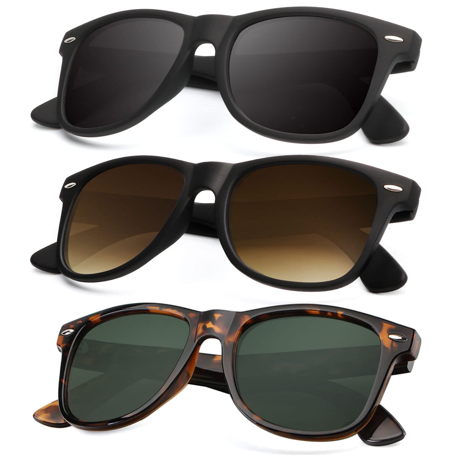 KALIYADI Polarized Sunglasses for Men and Women Matte Finish Sun glasses Color Mirror Lens UV Blocking (3 Pack) (Black/Tortoise/Gradient Brown)