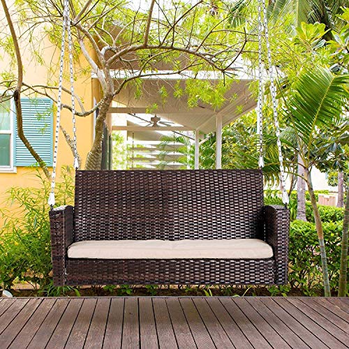 Image of Carry Bird Rattan Wicker Two Seater Swings with Cushion, Brown, 120x60x60 cm, Garden Porch Hammock for Adults (Beige, 2 Seater Prouch Swing, Leather Brown Prouch Swing)