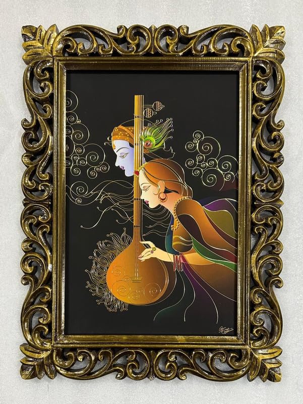 Art moderne Radha Krishna sous cadre bois sculpté poli Duco 58x43 cm