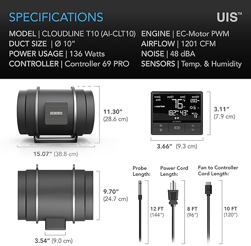 Miniatura 6 de AC Infinity CLOUDLINE PRO T10, ventilador silencioso de conducto en línea de 10 pulgadas con controlador VPD de humedad de temperatura, control de