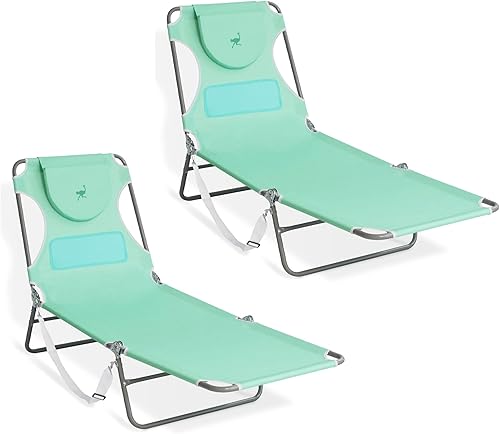 Ostrich Chaise Lounge - Silla de playa reclinable ligera y ajustable para broncear, piscina, lago, patio, césped, campamento, verde azulado (paquete