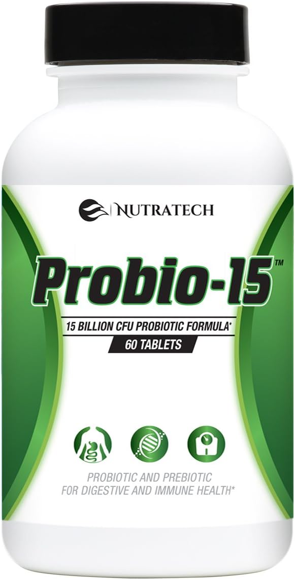 Nutratech Probio-15 Probiotics – 15 Billion CFU Probiotic and Prebiotic with Patented ingredients for Digestive Health