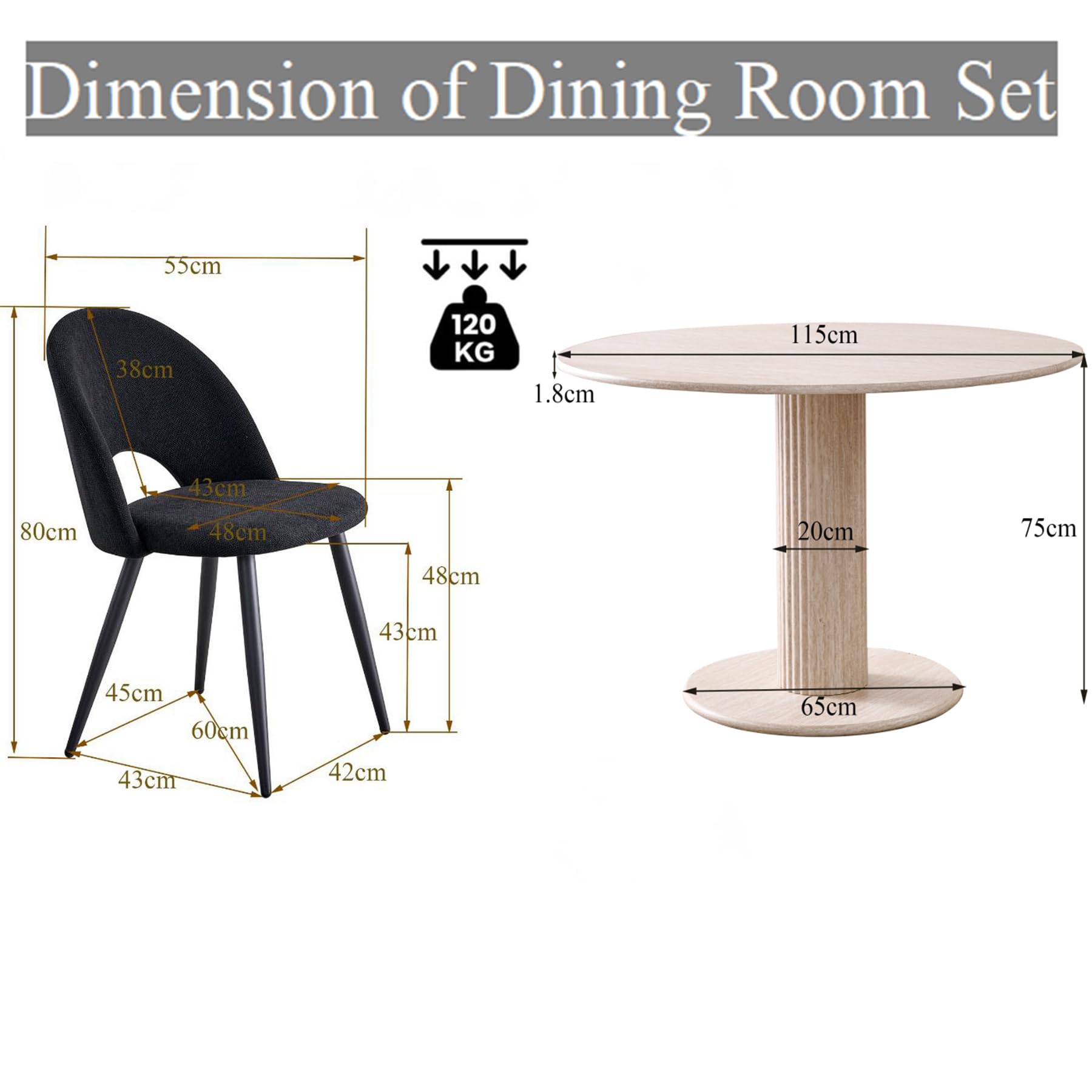 Juego de Mesa de Comedor Redonda con 4 Sillas, Conjunto Mesa (Textura de Travertino Amarillo) y Sillas de Comedor para Cocina, Restaurante y Oficina (Negro+Beige)