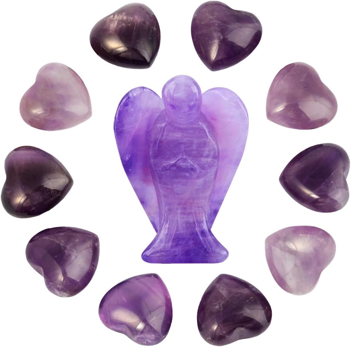 mookaitedecor Amethyst Crystal Guardian Angel Ornament & Puffy Heart Healing Crystals Love Stone,Palm Worry Stones