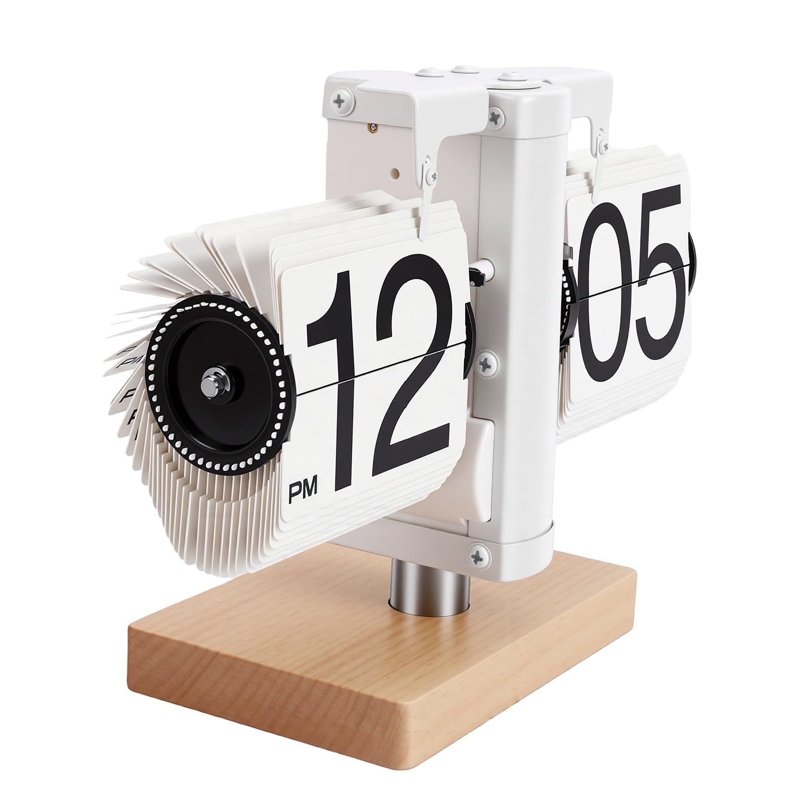 Orologio Flip Automatico 12 Ore Batteria Sveglietto Digitale Retrò da Tavolo, Acciaio Inox Legno Noce Silenzioso per Soggiorno Ufficio Camera da Letto (cornice bianca)
