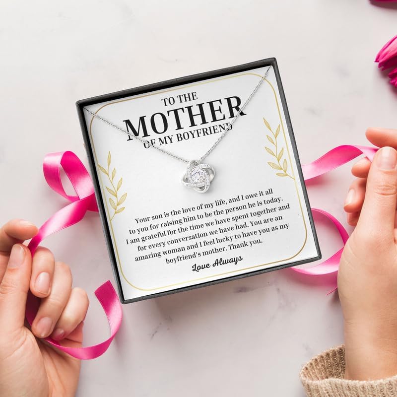 To My Boyfriend's Mom Necklace Message Card Box Love Knot Silver Standard - I Am Grateful For The Time - Relationship Jewelry Aunt Stepmother Valentine