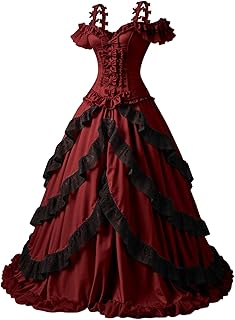 Mouccy Vintage Satin Victorian Ball Gown for Women Tiered Lace Wedding Dresses Off Shoulder Puffy Medieval Dress with Bow