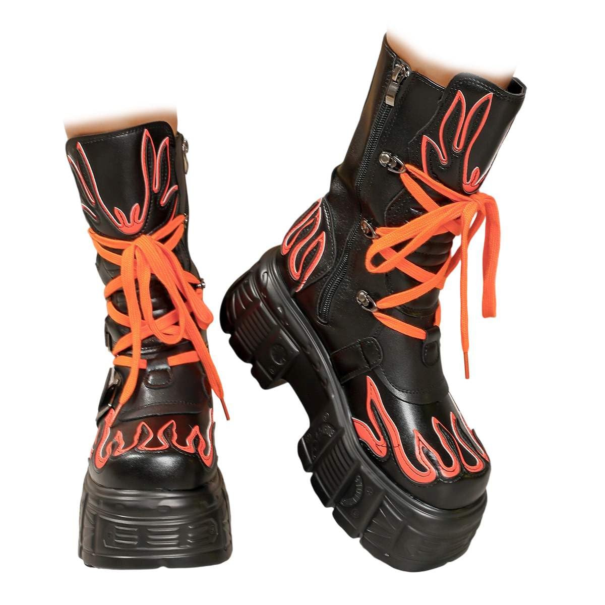 Womens Red flames printing high-heeled thick-heeled round-headed lace-up boots side zipper shoes perfect for school party business work