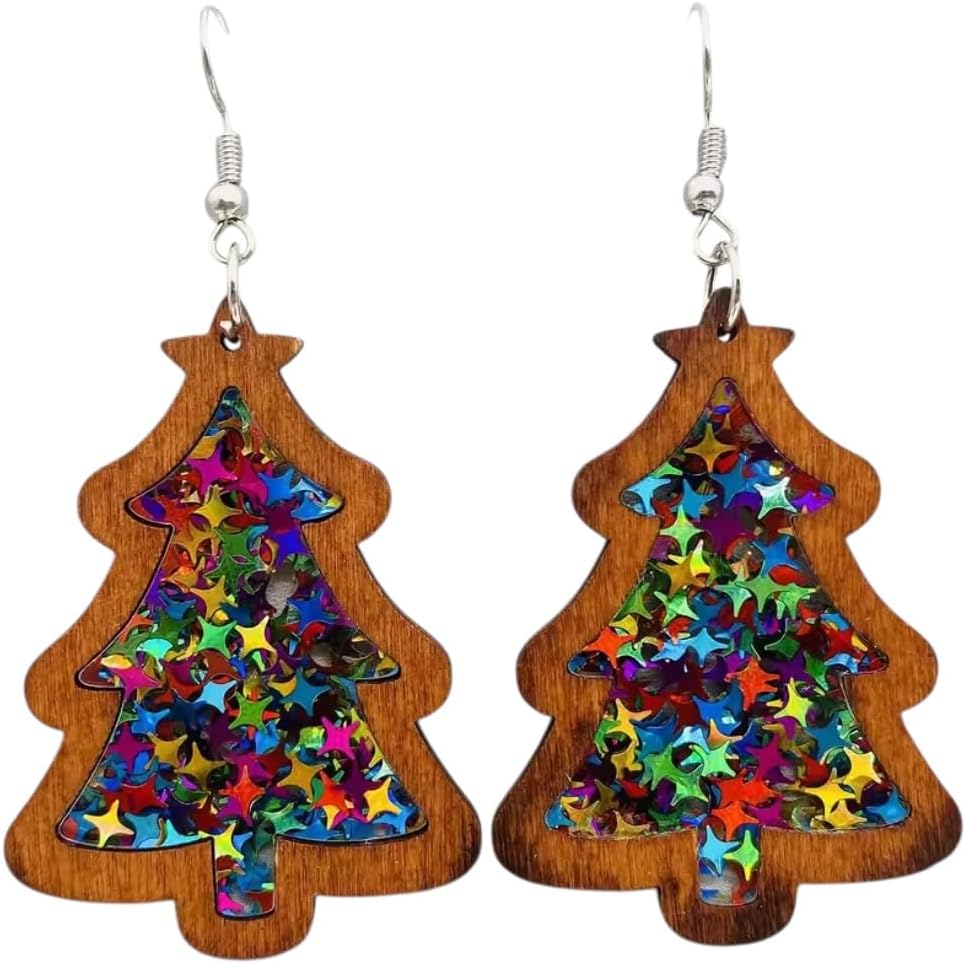 Wooden Rainbow Star Sequin Christmas Tree Xmas Statement Laser Cut Acrylic Big Oversized Gift Handcrafted Custom Unique Stud Earrings for Pierced Ears, Personalized Fashion Jewelry Studs Jewellery