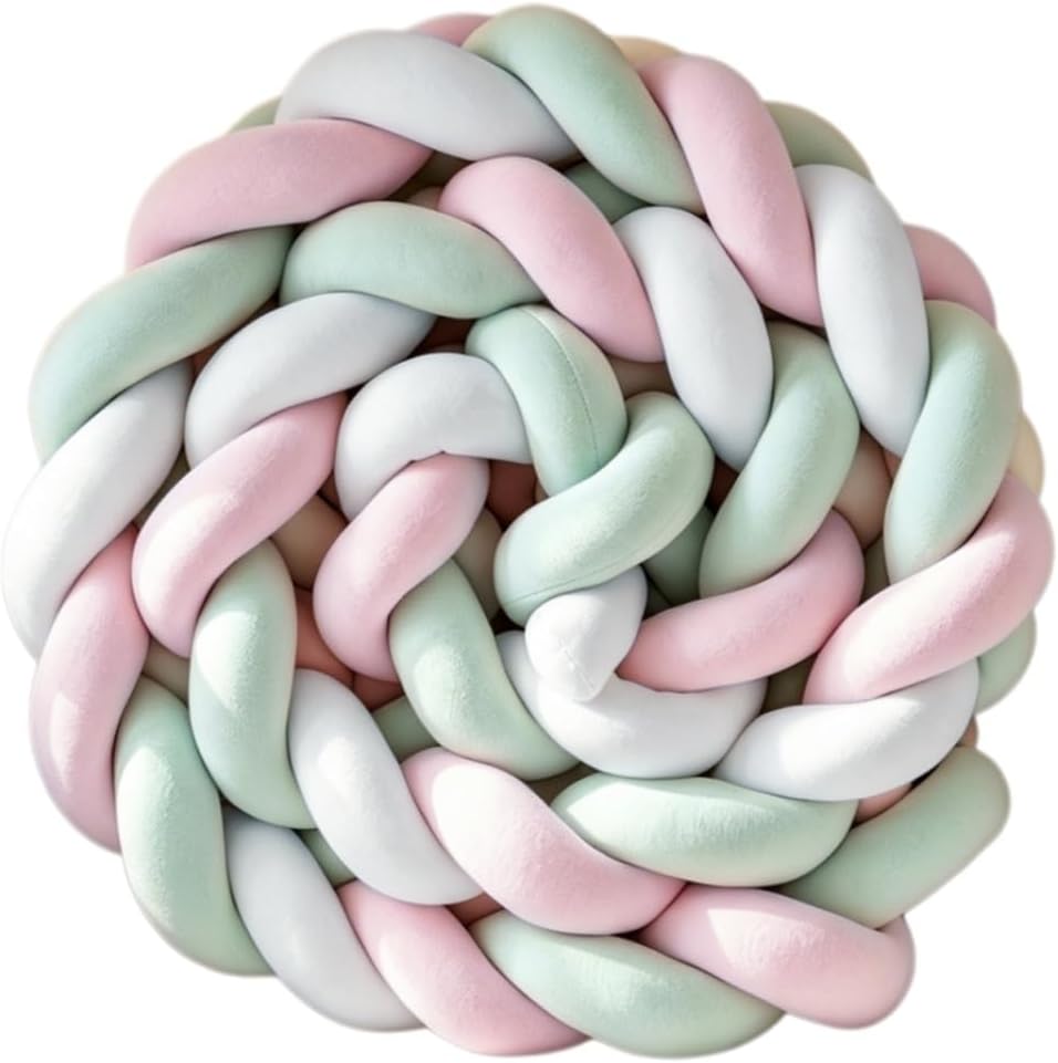 Mixed-Color Handmade 3-Strand Braided Knot Pillow, Soft Plush Decorative Throw Pillow for Bed Sofa Living Room Decor (White Pink and Green, 141.7in(3.6m))