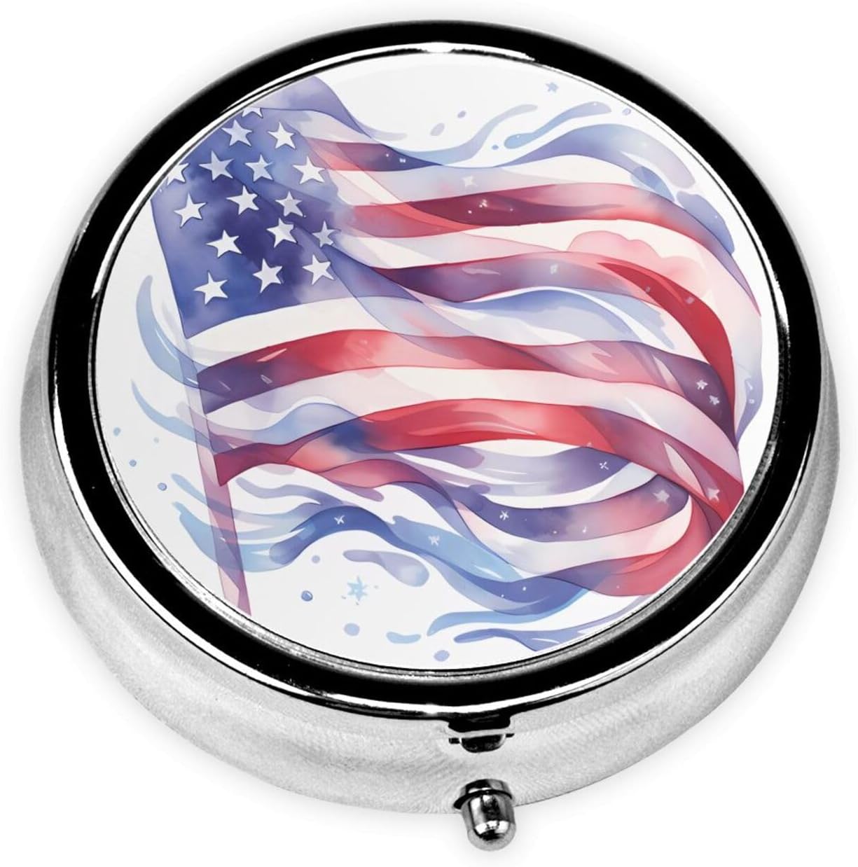 American Flag Round Pill Box – Portable Medicine Storage Container for Vitamins, Supplements, Fish Oil, etc.