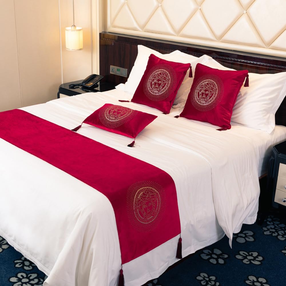 QRGMKL European Style Bed Runner Hotel Bed Scarf Bedspreads Coverlets Luxury Bed Runners and Matching Cushions Bedroom Bedding Protector-Red||210X45cm for 1.5m Bed