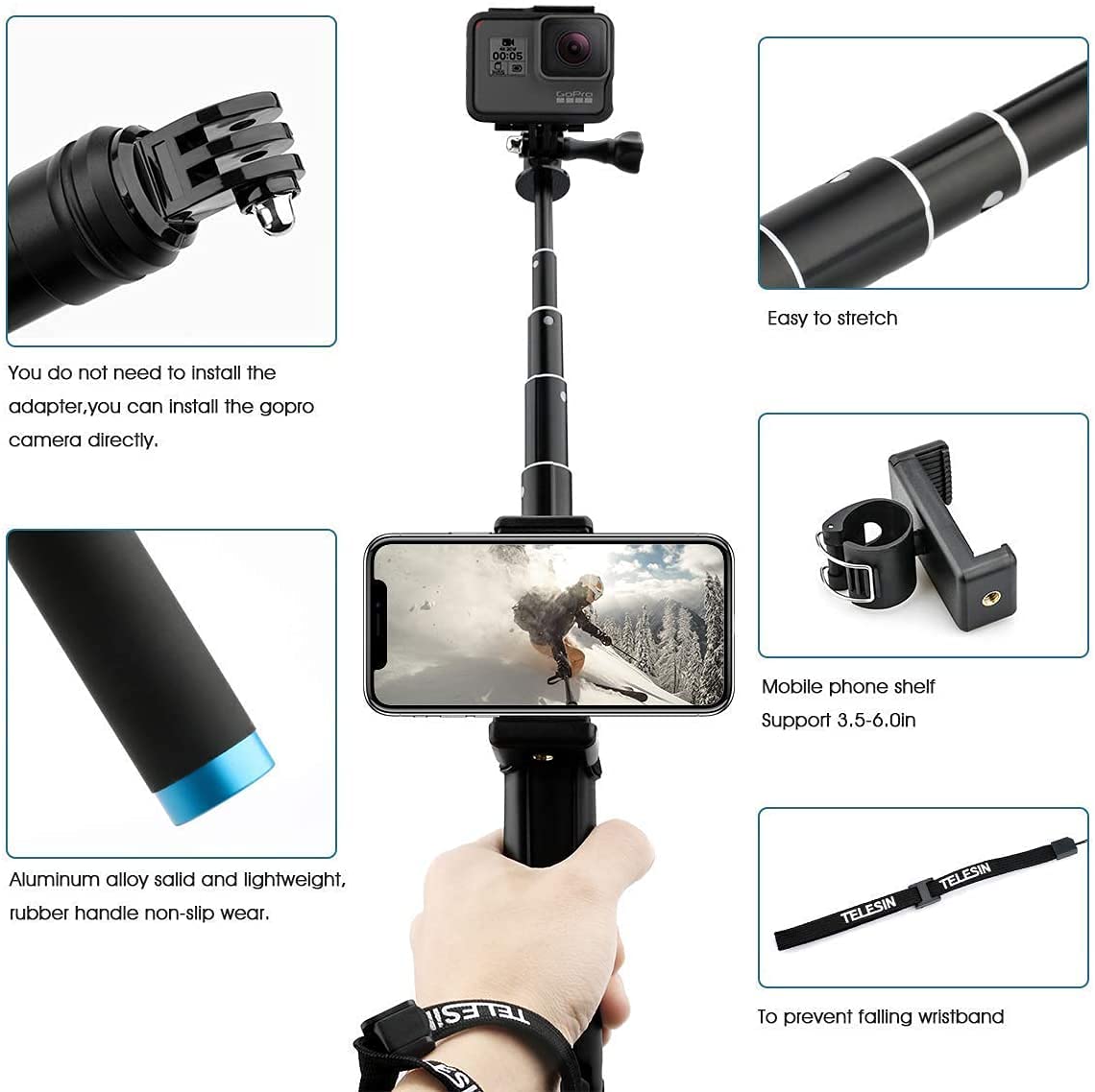 Bâton pour Selfies avec trépied en Aluminium TELESIN pour appareils Photo de Sport