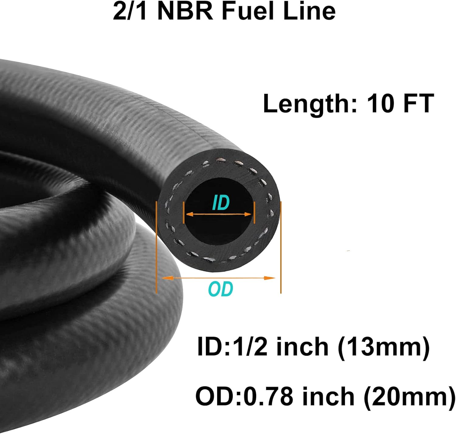 Fuel Line 10 Feet 1/2 Inch ID NBR Fuel Line Hose 0.78 Inch OD Black Nylon Steel Oil Gas Fuel Line Hose with 10 Clamps Suitable for Fuel Systems Engines (1/2in 10Ft) : Automotive