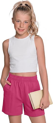 Custoneei Girls' Elastic Waist Shorts, Rose Red, 11-12 Years