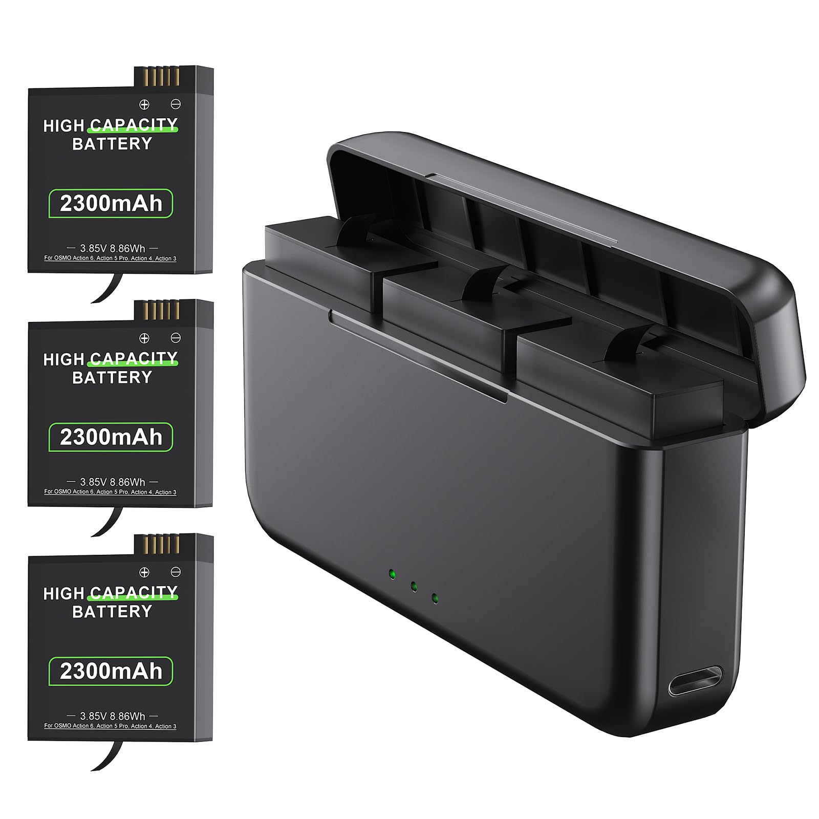 Confezione da 3 batterie per OSMO Action 6 con caricabatterie, 2300 mAh, batterie compatibili con DJI OSMO Action 6, Action 5 Pro, Action 4, Action 3 e OSMO 360
