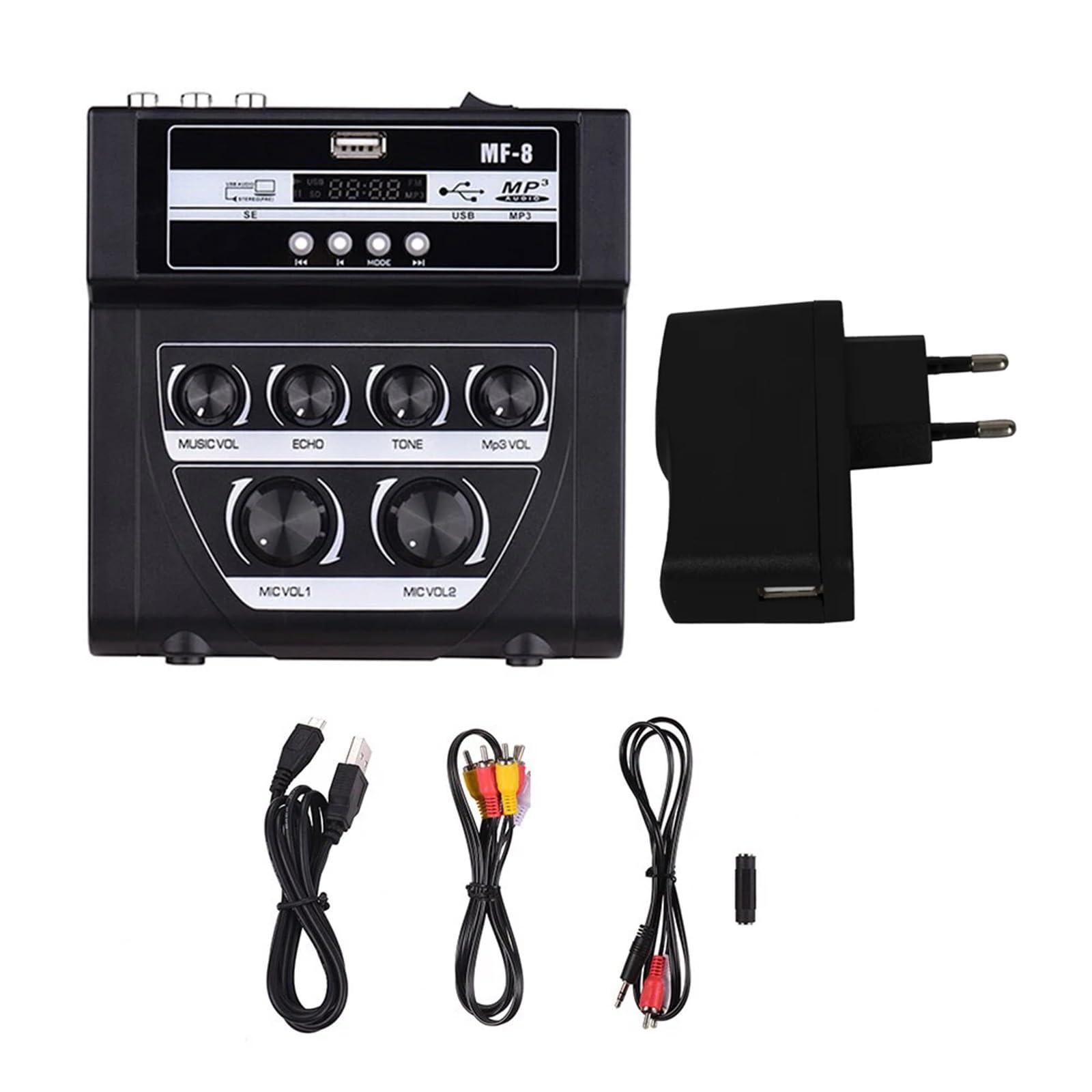 Mikser audio, MF-8 Mini mikser Mikser zewnętrzny Stereo Echo Podwójny mikrofon Wzmacniacz wejściowy z efektem nagrywania BT Mp3 Do karaoke(MF-8-Black)