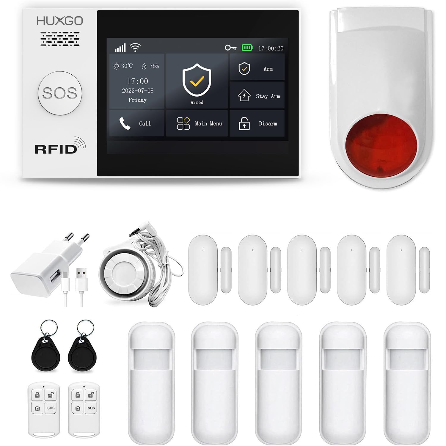 HXA007 Funk Alarmanlage mit zweiter Alarmsirene, WiFi + GSM Modul, 5X Bewegungssensoren 5X Türöffnungsmelder - Bewegungsmelder mit Alarm - Alarmanlage Haus-Alarmanlage Wohnung