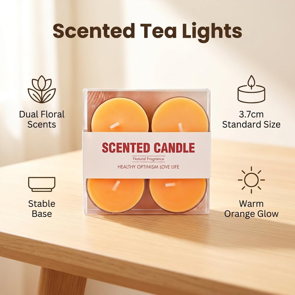 Coytlykne 4 Pcs Tealight Candles, Small Size Scented Wax Candles, Scented Candle for Indoor Decoration, Family Party, Festival and Daily Leisure Use (Orange, Cream Yellow)