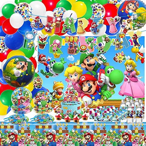Mario Birthday Party Supplies, Mario Birthday Decorations Include Banner, Balloons Arch, Foil Balloons, Tablecloth, Backdrop, Bottle Labels, Chocolate Stickers, Cupcake Toppers for Kids Mario Theme Party