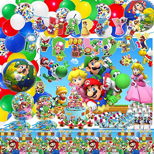 Mario Birthday Party Supplies, Mario Birthday Decorations Include Banner, Balloons Arch, Foil Balloons, Tablecloth, Backdrop, Bottle Labels, Chocolate Stickers, Cupcake Toppers For Kids Mario Theme Party #TOP23