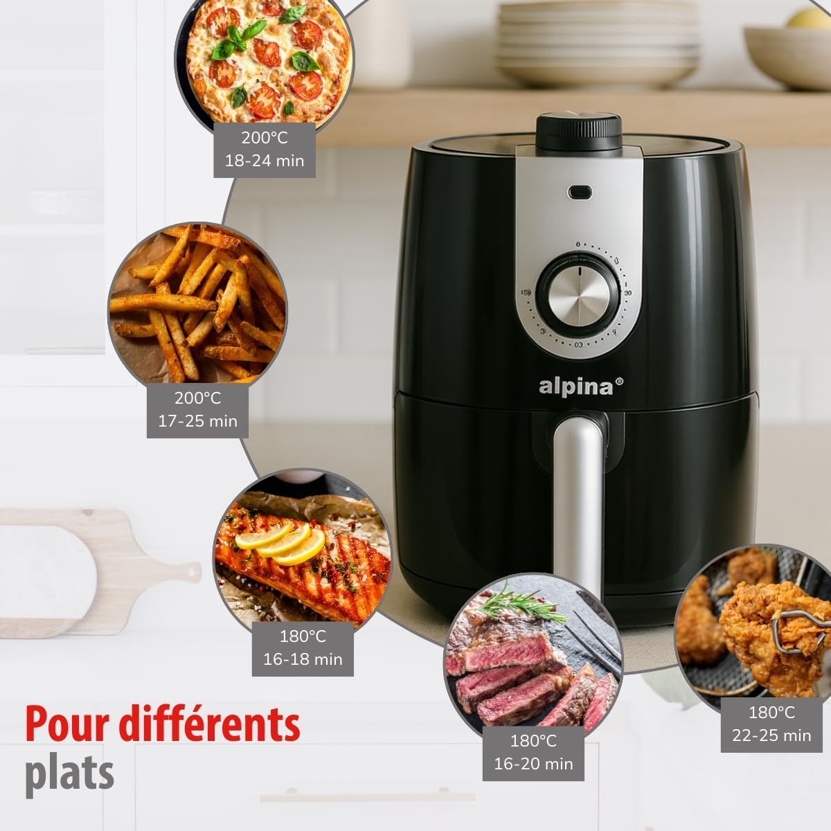 alpina Air fryer 2L - Airfryer Adaptée pour 2 à 3 Personnes - Friteuse sans Huile Electrique avec Minuterie et Température Réglable - Plastique - Noir