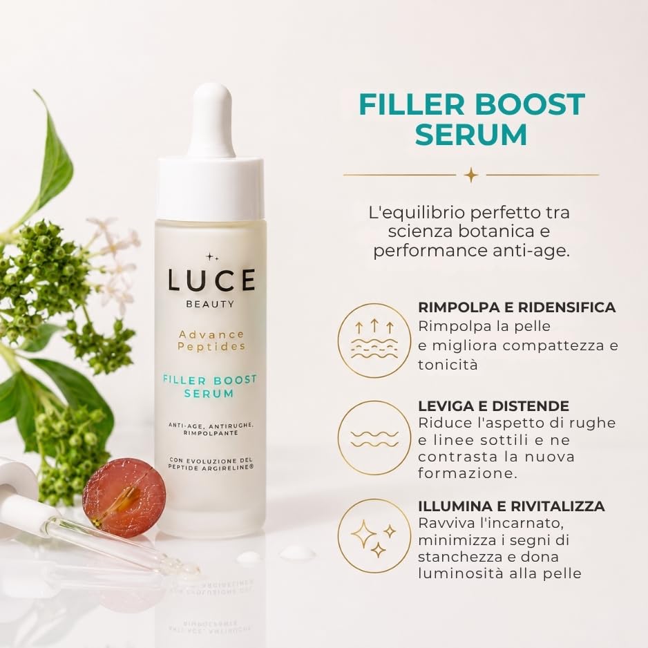 Luce Beauty Filler Boost Serum - Siero viso Rimpolpante, Anti Rughe ad Effetto Filler, Per pelli secche e normali, con Argireline® Amplified Peptide e Olio di Lapacho - 30 ml