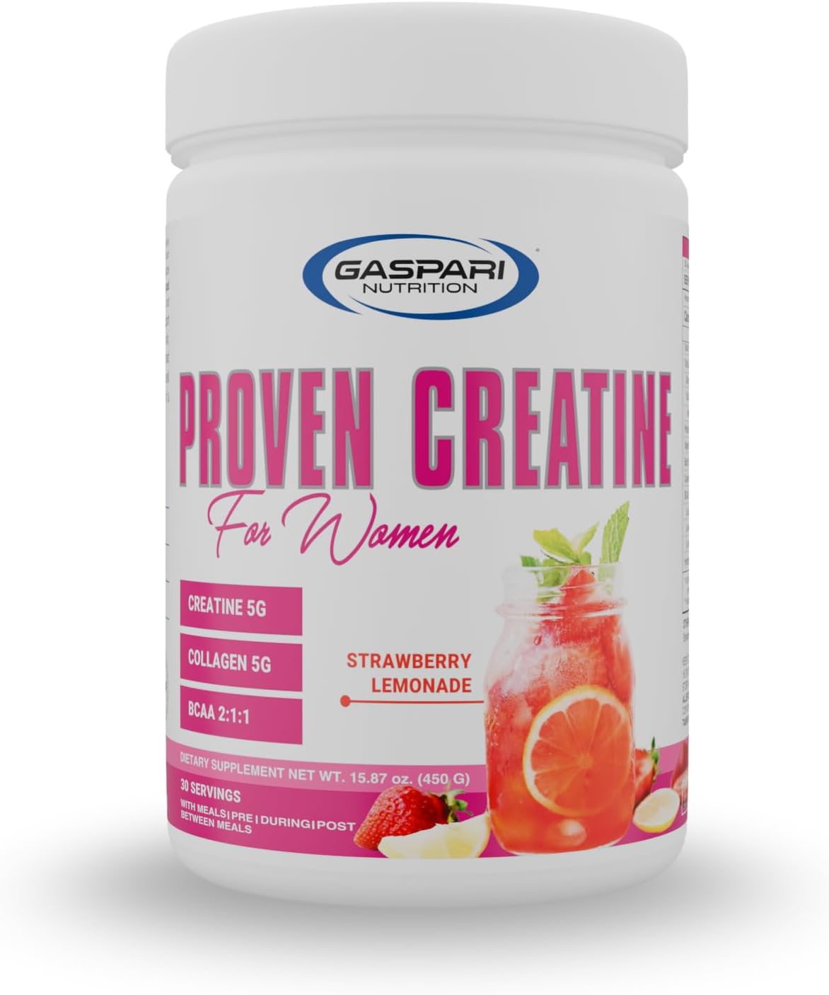 Gaspari Nutrition Proven Creatine for Women, 5g of Creatine, 5g of Collagen, Vitamin C and Collagen, Clean, Natural Formula, Electrolytes for Hydration (30 Servings, Strawberry Lemonade)