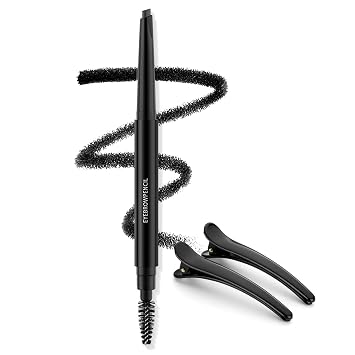 Eyebrow Pencil - Makeup Waterproof Brow Pencil with Triangular Tip, Dual-Sided Brow Brush, Precise, Fine Tip, Fills Brows Creates Natural Looking Brow, with Hair Clips - Black