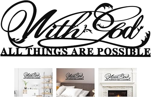 Letrero de metal con texto en inglés "With God All Things are Possible", escritura religiosa inspiradora, versículos bíblicos cristianos negros