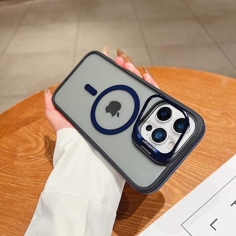 Image of LuxuryKase Smoked Clear MagSafe Case for iPhone 16 Pro | Metal Camera Guard Kickstand | Rugged Grip Edge | Hard PC Back + Soft TPU | Wireless Charging Support - Blue