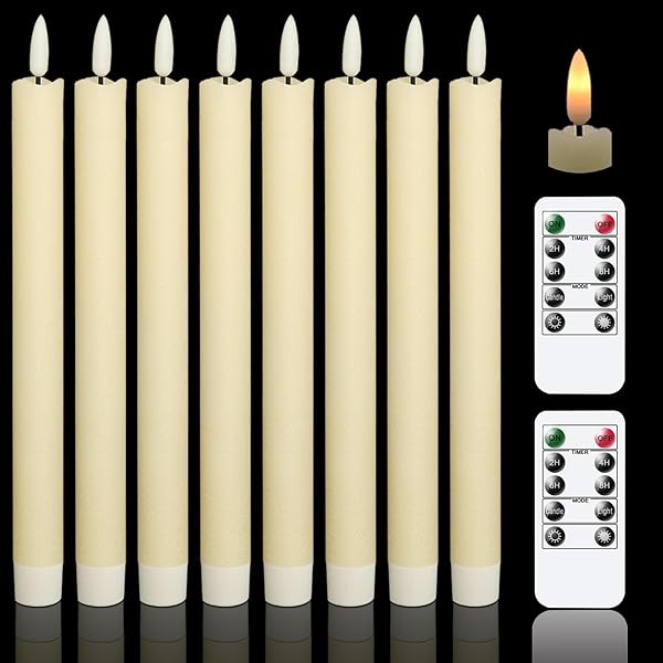 Eldnacele Flameless Flickering Taper Candles with 2 Remote Controls and Timer, Real Wax 3D Wick Light Window Candles Battery Operated Pack of 8, Christmas Home Wedding Decor (Ivory, 0.78 X 9.64 Inch) - 1