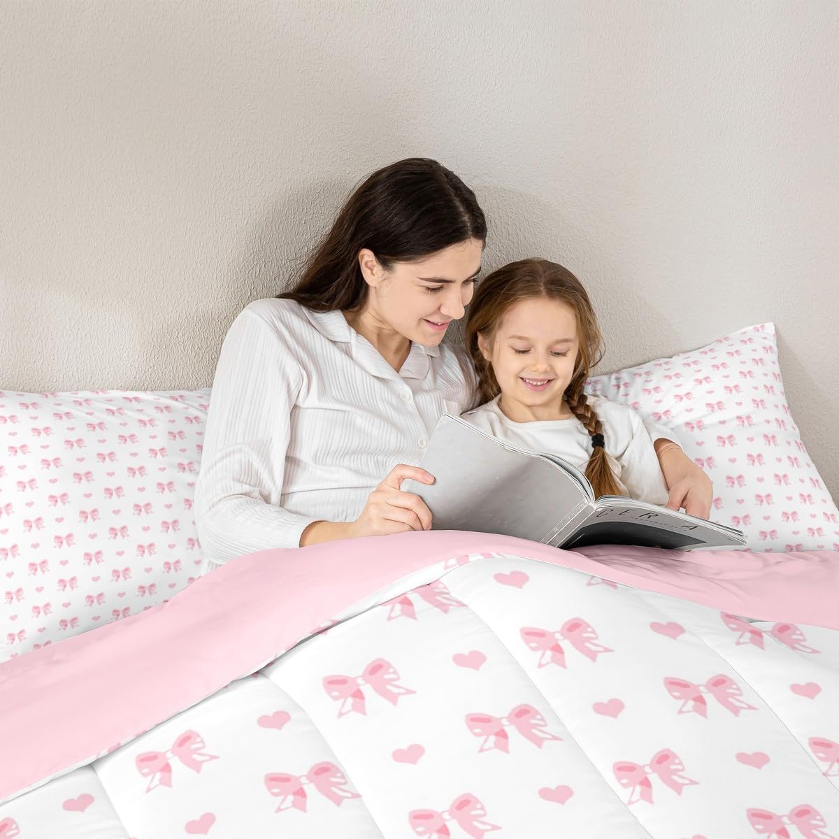 Castle Fairy Pink Bowknot Comforter Set Toddler Size 2 Pcs,Dreamy Bow Princess Style Bedding Set,Cute Love Hearts Kawaii Girly Quilt Set for Child Bedroom,Duvet Insert,1 Pillowcase