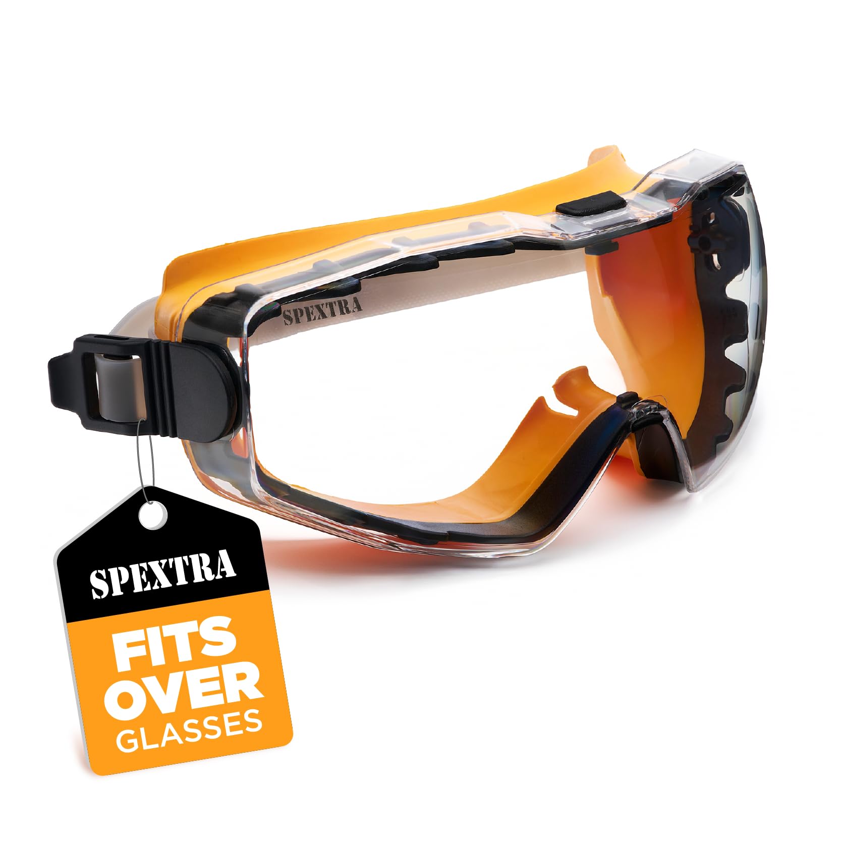 SPEXTRA Schutzbrille über Brille, klare Anti-Beschlag-Gläser, Stoßfestigkeit ANSI Z87.1, UV-Schutz, Laborchemie-Brille mit verstellbarem Kopfband, Schnellverstellschnalle