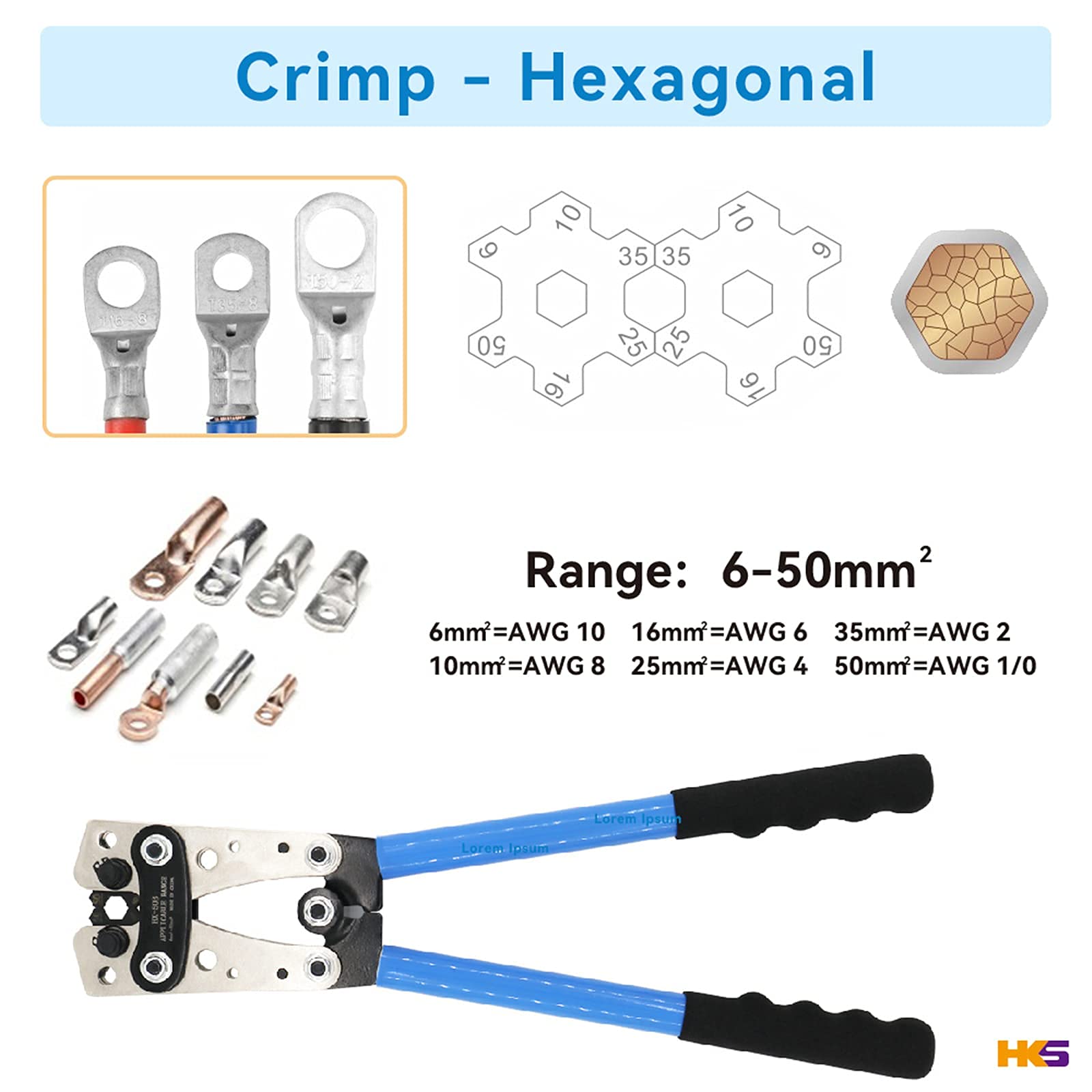 HKS Battery Cable Lug Crimping Tool 101/0 AWG with 60Pcs Copper Ring
