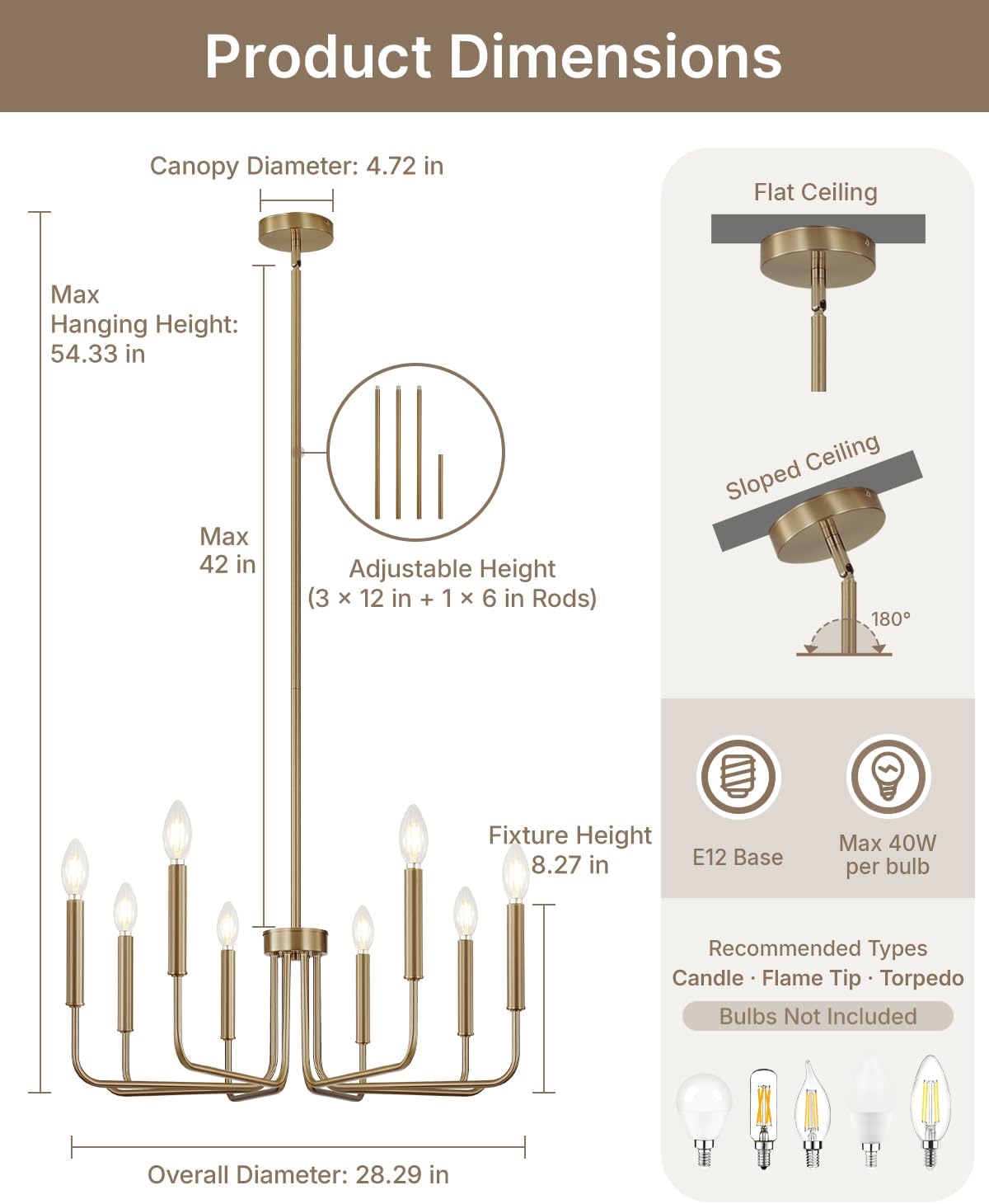 Yunnix 8 Light Champagne Bronze Chandelier, Farmhouse Chandelier for Dining Room Light Fixture Hanging, UL Listed Industrial Modern Chandelier for Bedroom, Kitchen, Living Room, No Assembly Required image 4