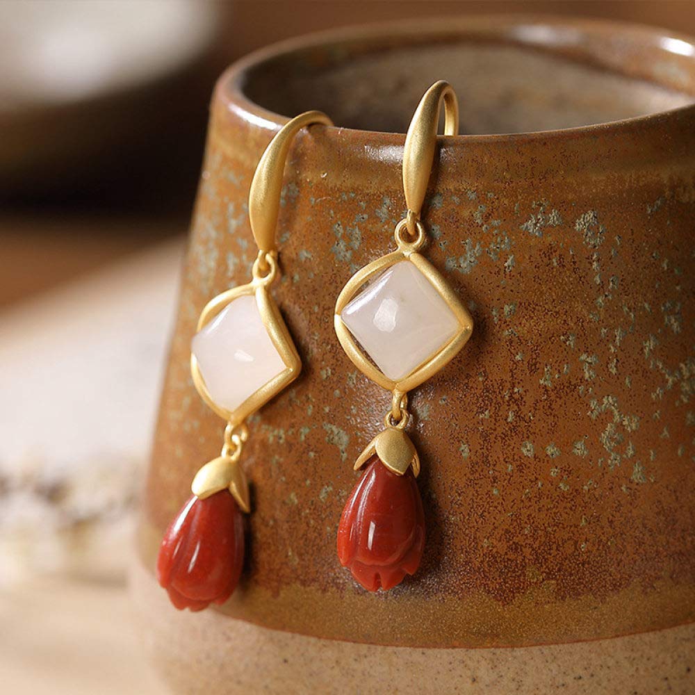 Vintage Largo Aretes De Plata Esterlina S925 Mujeres Ágata Roja Flor Magnolia Geometría Jade Blanco Encanto Elegante De Estilo Chino De Gama Alta De Temperamento Temperamento Don