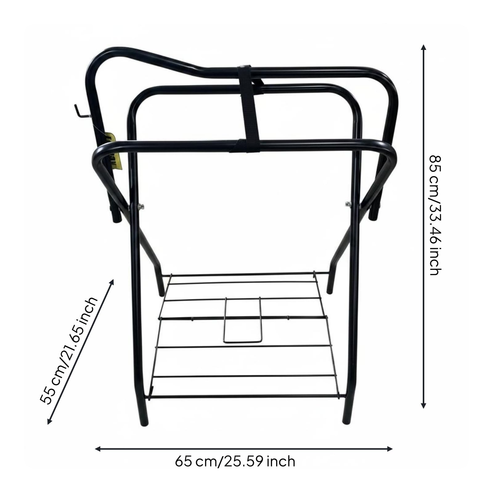 Milageto Supporto Sella Porta Sella Cavallo Cavallerizza Metallo Verniciato Nero con Guide Superiori Arrotondate E Piano Inferiore a Rete per Attrezzatura