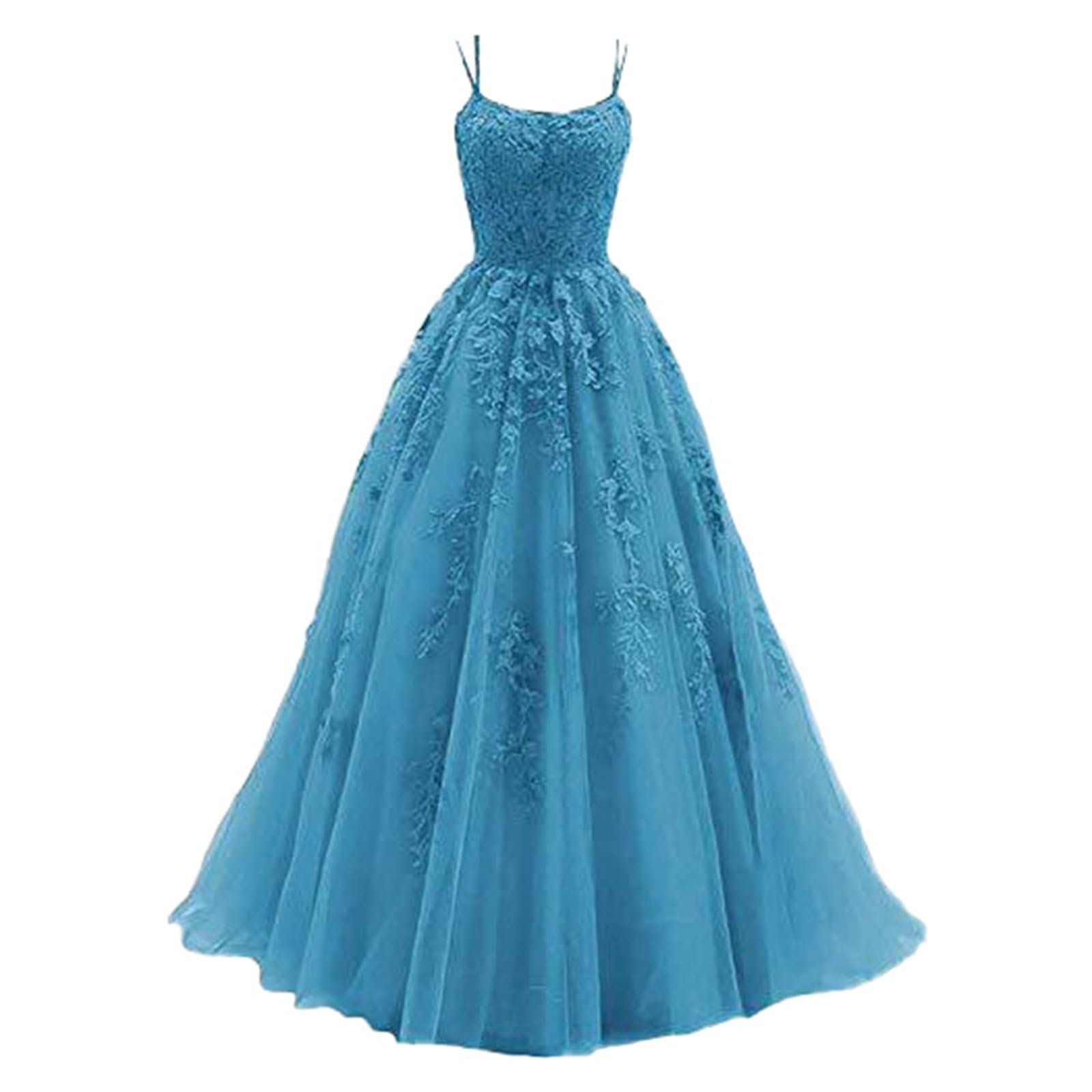 Vestido Largo de Gala para Mujer con Detalles de Encaje Aplicado y Tira Finas de Tul Elegante para Eventos Formales