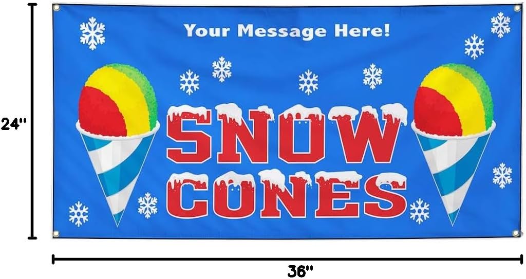Custom Industrial Vinyl Banner Multiple Sizes Snow Cones Style C Personalized Text Here Funny and Novelty Outdoor Weatherproof Yard Signs Blue 4 Grommets 24x36Inches