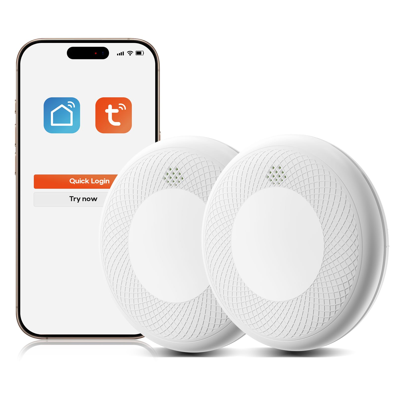 Safeliveo Détecteur de fumée WiFi avec Batterie 10 Ans, Notifications Via Application et Auto-Test, Alarme Incendie Intelligente Compatible Tuya & Smart Life, 2 pièce