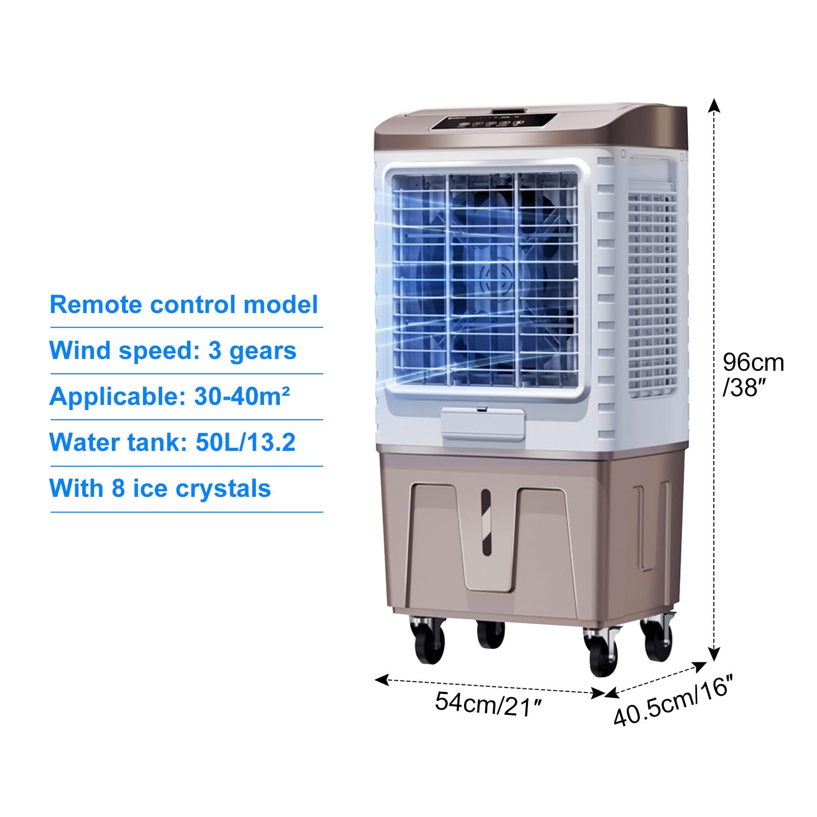 Enfriador evaporativo portátil con control remoto, oscilación de 120°, 3 velocidades, aire acondicionado de bajo ruido para uso en interiores y exteriores, taller o patio