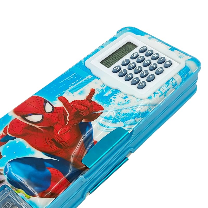 Image of Spiderman Pencil Box Integrated Sharpener and Calculator, Magnetic Lock, Dual Compartments, Cartoon Stationery Case School Kit for Girls, Kids, Students Combo Set of 6in1
