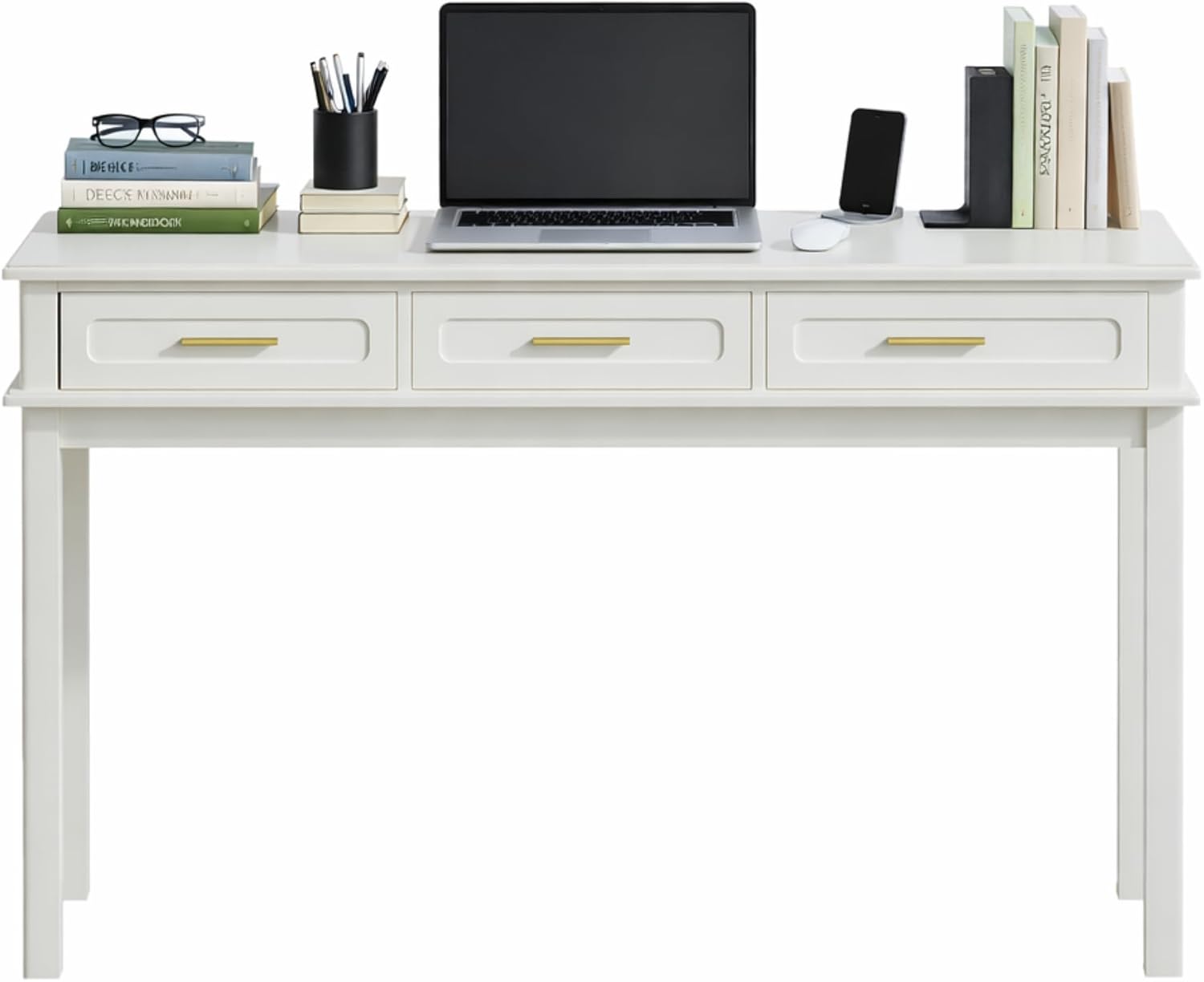 Modern Vanity Desk with Drawers, 47.2 Inch Writing Desk, Minimalist Makeup Table for Bedroom & Home Office, White and Gold Finish