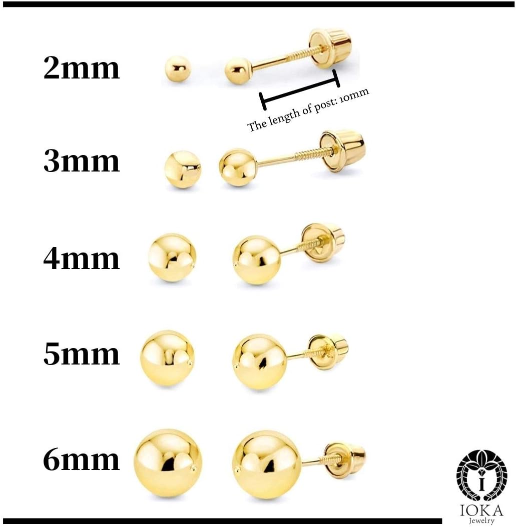 14k Gold Stud Earrings for Women & Men | 14K REAL Gold Polished Ball Stud Earrings with Secure Screw Backs From 3MM - 6MM