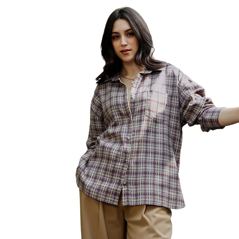 Women's Oversized Shirt, Spread Collar, Long Button-Cuff Sleeves, Button Closure, Checks Jacquard Woven Shirt for Casual, Coin Grey:Crimson Red-image-43