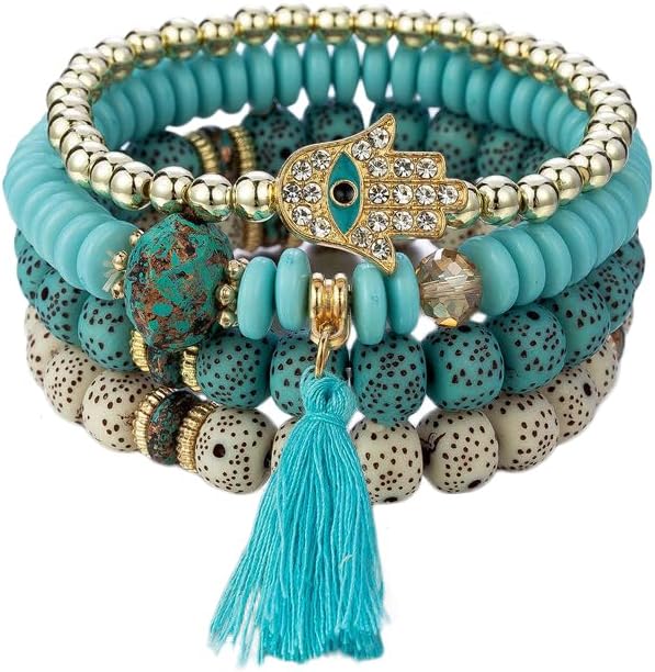 Shining Diva Fashion Bohemian Stackable Multilayer Hamsa Hand Evil Eye Lucky Protection Bracelets Multicolor Crystal Charm Beaded Bracelet for Women Girls