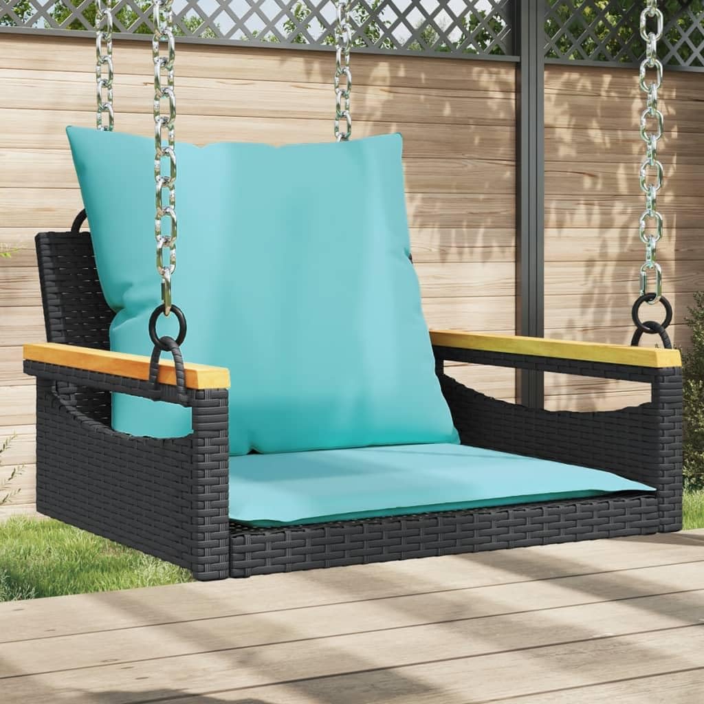 Banco Columpio con Cojines ratán sintético 63x62x40 cm Negro | para Terraza, Patio, Porche o Balcón | Diseño Decorativo| Mueble Exterior Duradero