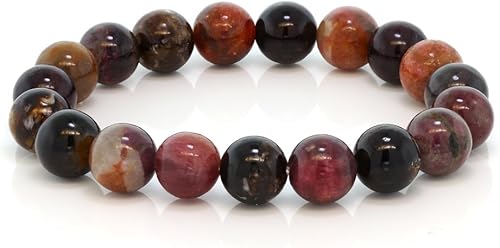 Gem Stone King 10MM Classic Tourmaline Round Beaded Streched Bracelet For Women, Metal, Turmalina