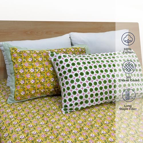 Image of TOAI Hand Block Printed Bedsheet | Bed Spread Flatsheet Bed Sheet | Pure Cotton | King Size 108 inchx108 inch | 300 TC Long Staple Cotton | 2 Reversible Pillow Covers |Pink Floral Pond